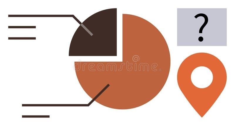 Illustration av cirkeldiagram, frågetecken och kartnål för resultatuppföljning